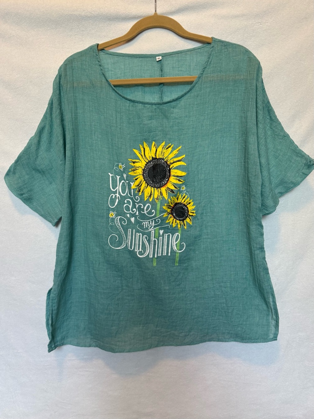 Women’s Green Sunflower Graphic Gauze Blouse  Top Artsy Cottagecore Boxy Size XL